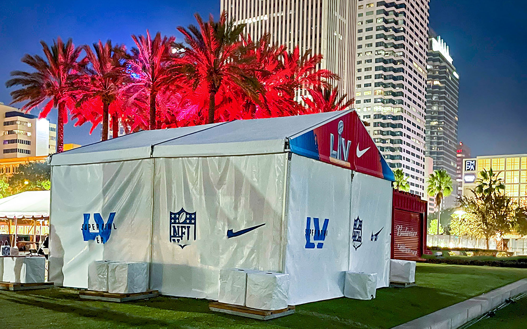 An in-process shot of Decal Doodle’s tent-graphic job at this year’s Super Bowl LV in Tampa, FL.