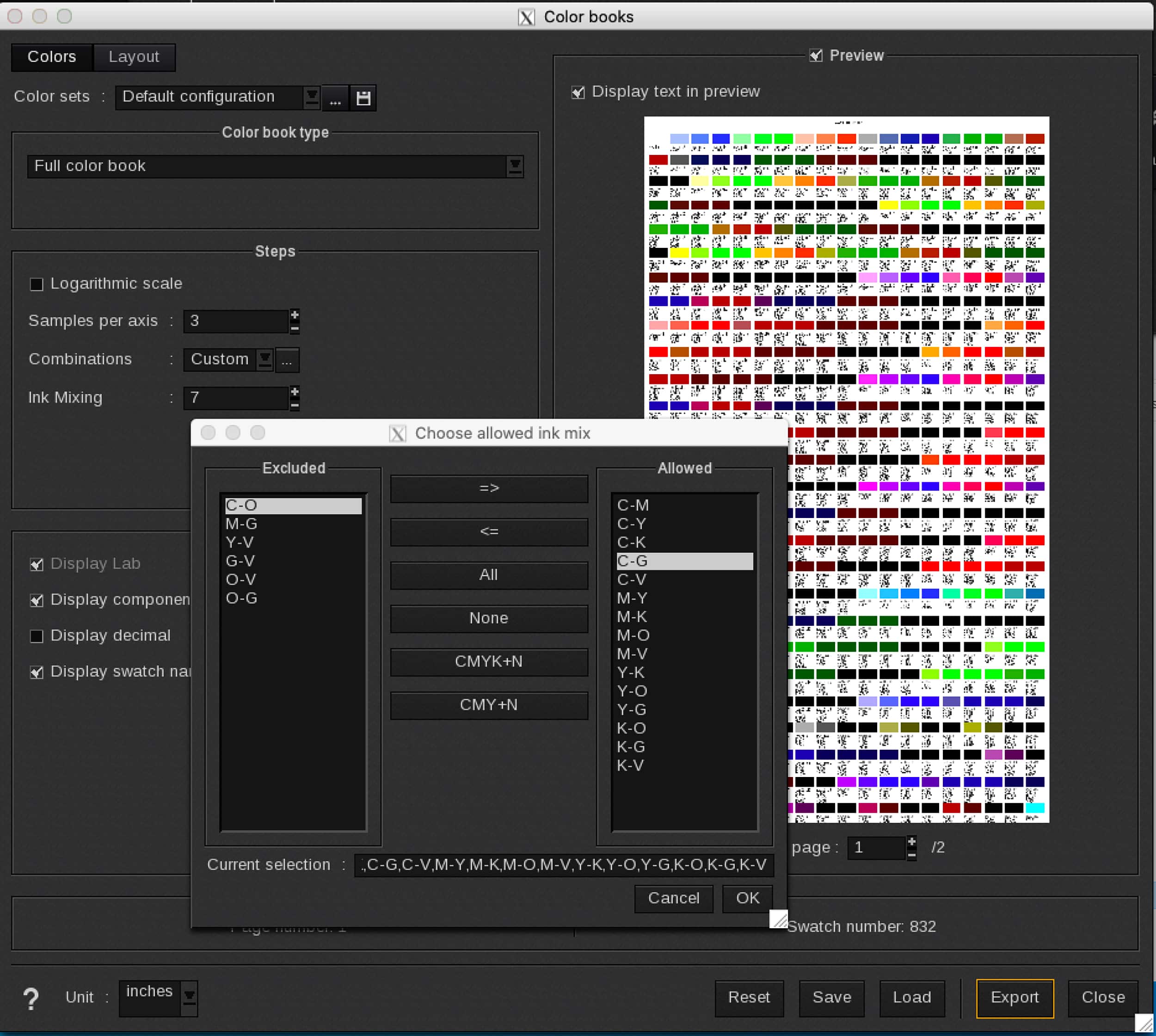 Caldera provides an option to control which color combinations you want in your color chart. Color combinations are based on the ink setup of your printer.