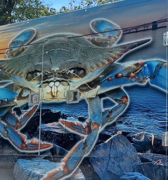 The design features a large Maryland Blue Crab and the company’s logo over an ocean landscape on each side.