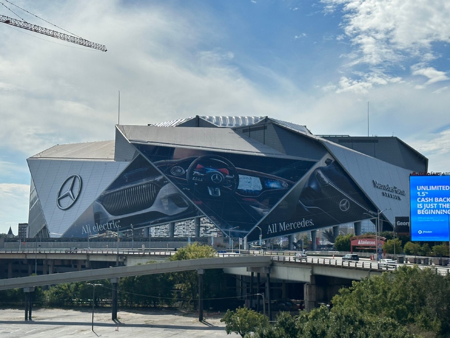 Bluemedia takes its NFL know-how to the next level with 134,628 square feet of ‘window’ wraps at Mercedes-Benz Stadium.
